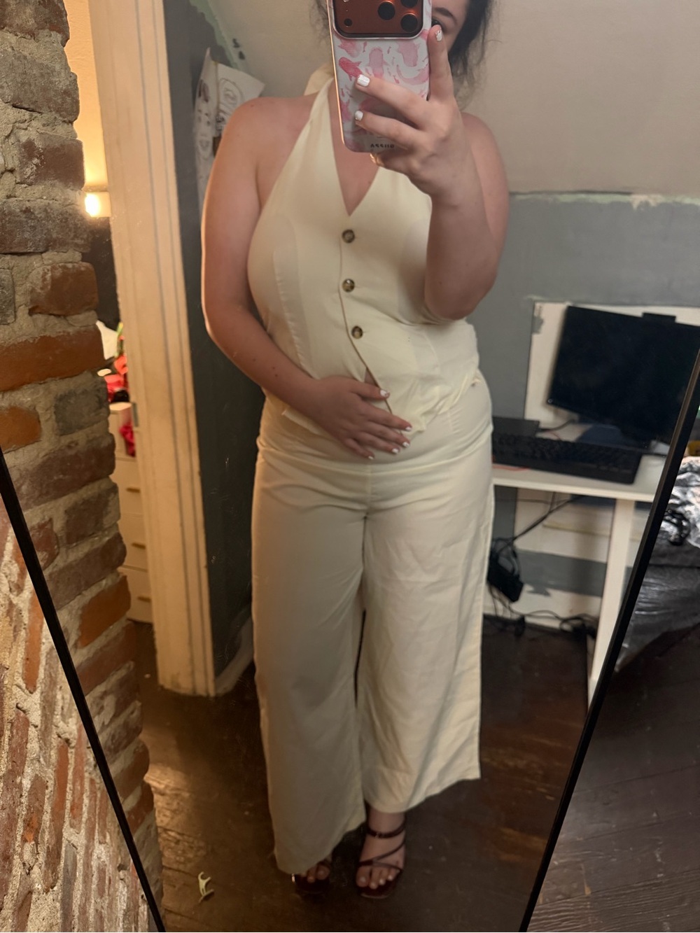 Sleeveless Halter Button-Front Top + matching linen pants- Cream
